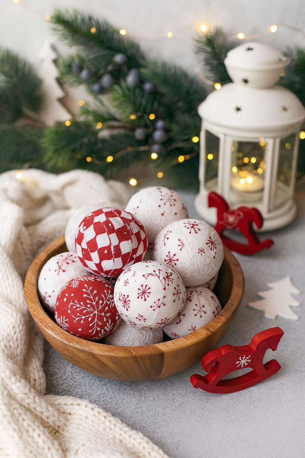Snowflake, Grey, and Argyle Patterns set of 8 Fabric Wrapped Christmas Balls – 2.5” Styrofoam Winter Décor – Rustic Farmhouse Bowl Filler