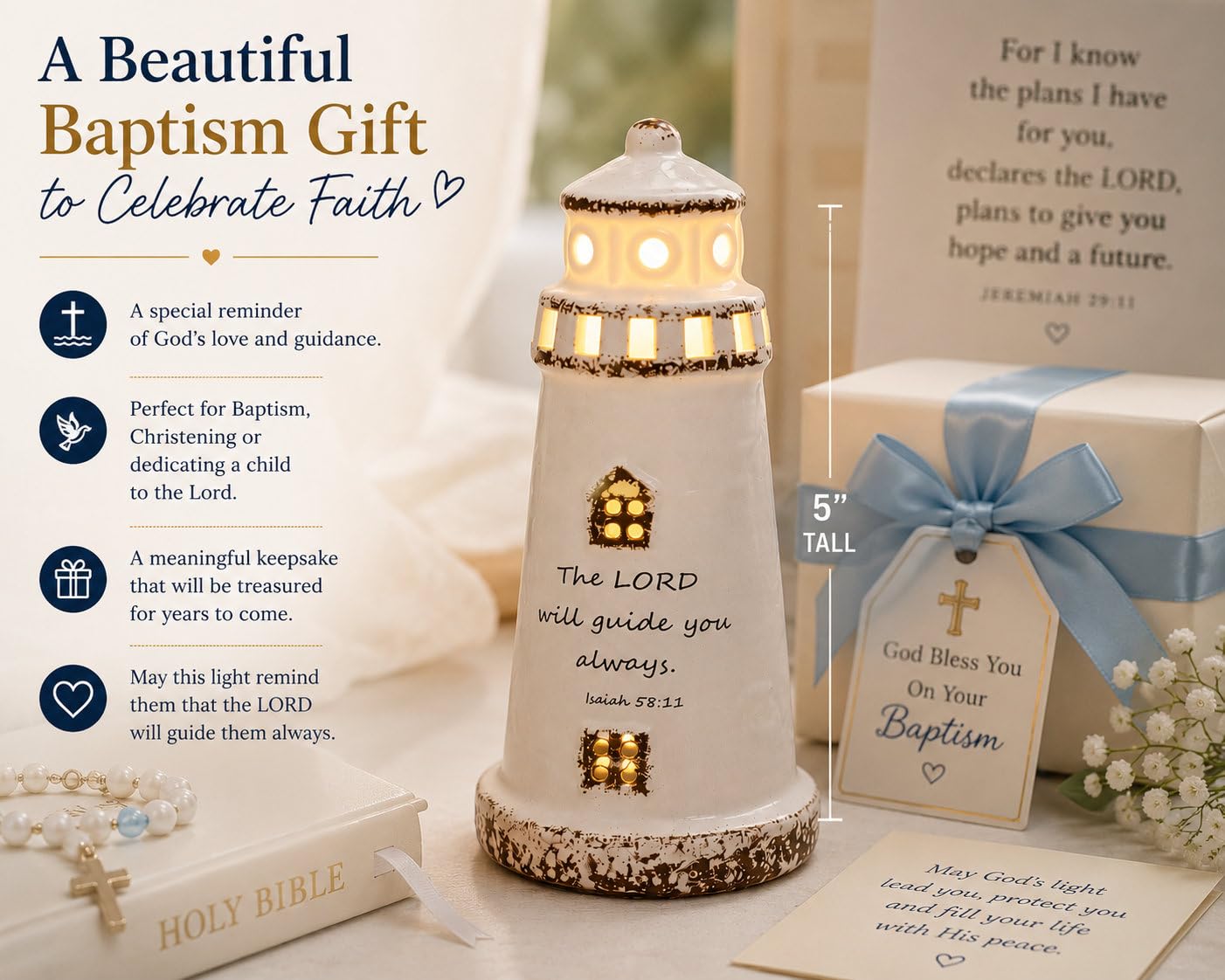 DAILYBREAD Christian Lighthouse Lamp – Small Ceramic Night Light with Bible Verse, Inspirational Faith Gift for Kids, Students,Baptism,Birthday,Journey,Warm Light Up Decor for Bed Room or Desk 5" H