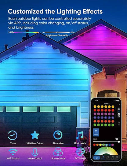 Permanent Outdoor Lights 50ft,RGBW Eaves Light with 36 LED Lights,111+ Scenes Modes Outdoor Lighting, Waterproof Permanent Light for Daily Holiday Halloween Decorations, Compatible with Alexa,Black