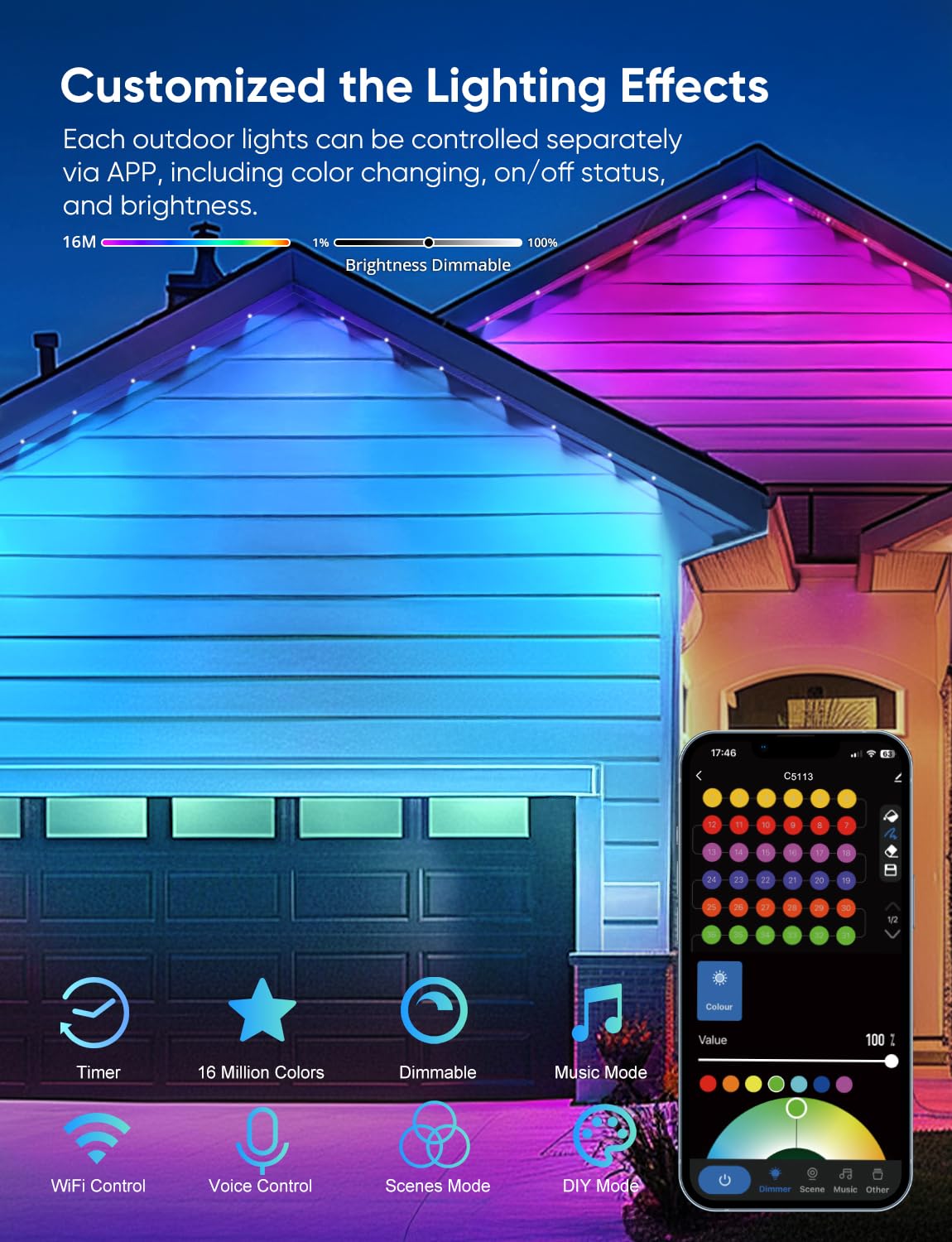 APPECK Permanent Outdoor Lights 100ft,RGBW Eaves Light with 72 LED Lights,111+ Scenes Modes Outdoor Lighting, Waterproof Permanent Light for Daily Holiday Decorations, Compatible with Alexa,Black