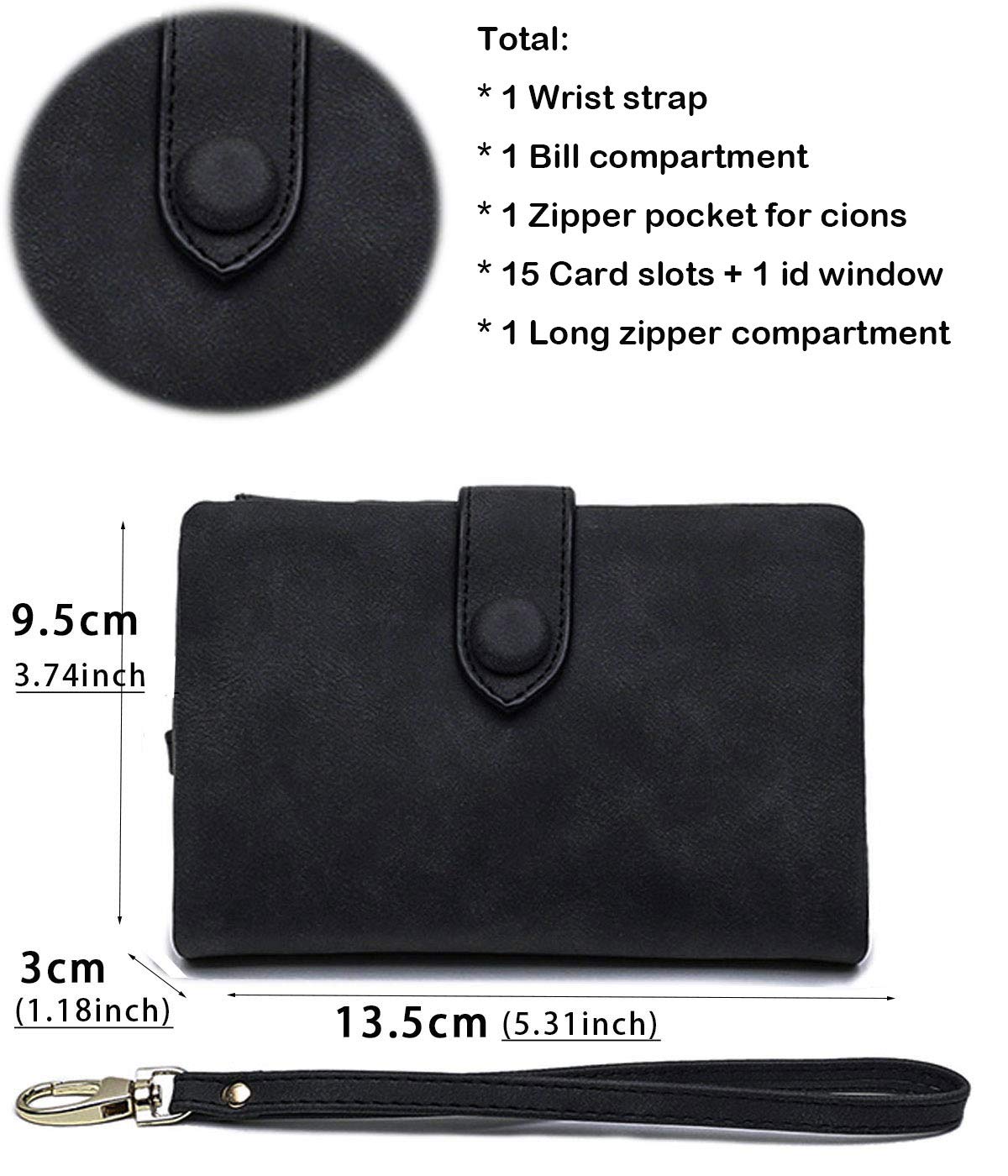 AOXONEL Women's Small Bifold Leather wallet Rfid blocking Ladies Wristlet with Card holder id window Coin Purse (Black)