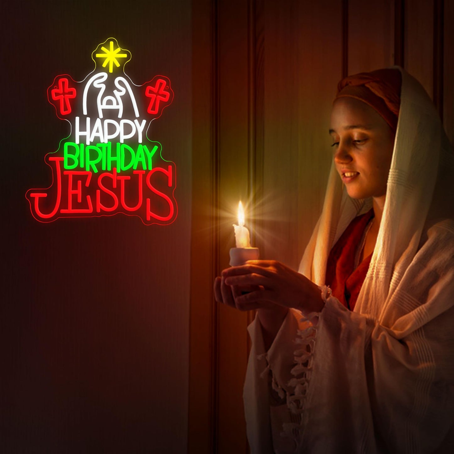 JLEWUINH Happy Birthday Jesus Neon Sign for Christmas Decor Cross Neon Light Sign Dimmable USB Led Christian Religious Neon Wall Decor for Church Home Nativity Scene Faith-Based Holiday Gift