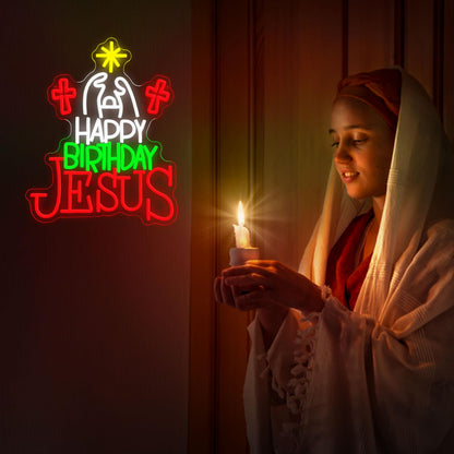 JLEWUINH Happy Birthday Jesus Neon Sign for Christmas Decor Cross Neon Light Sign Dimmable USB Led Christian Religious Neon Wall Decor for Church Home Nativity Scene Faith-Based Holiday Gift