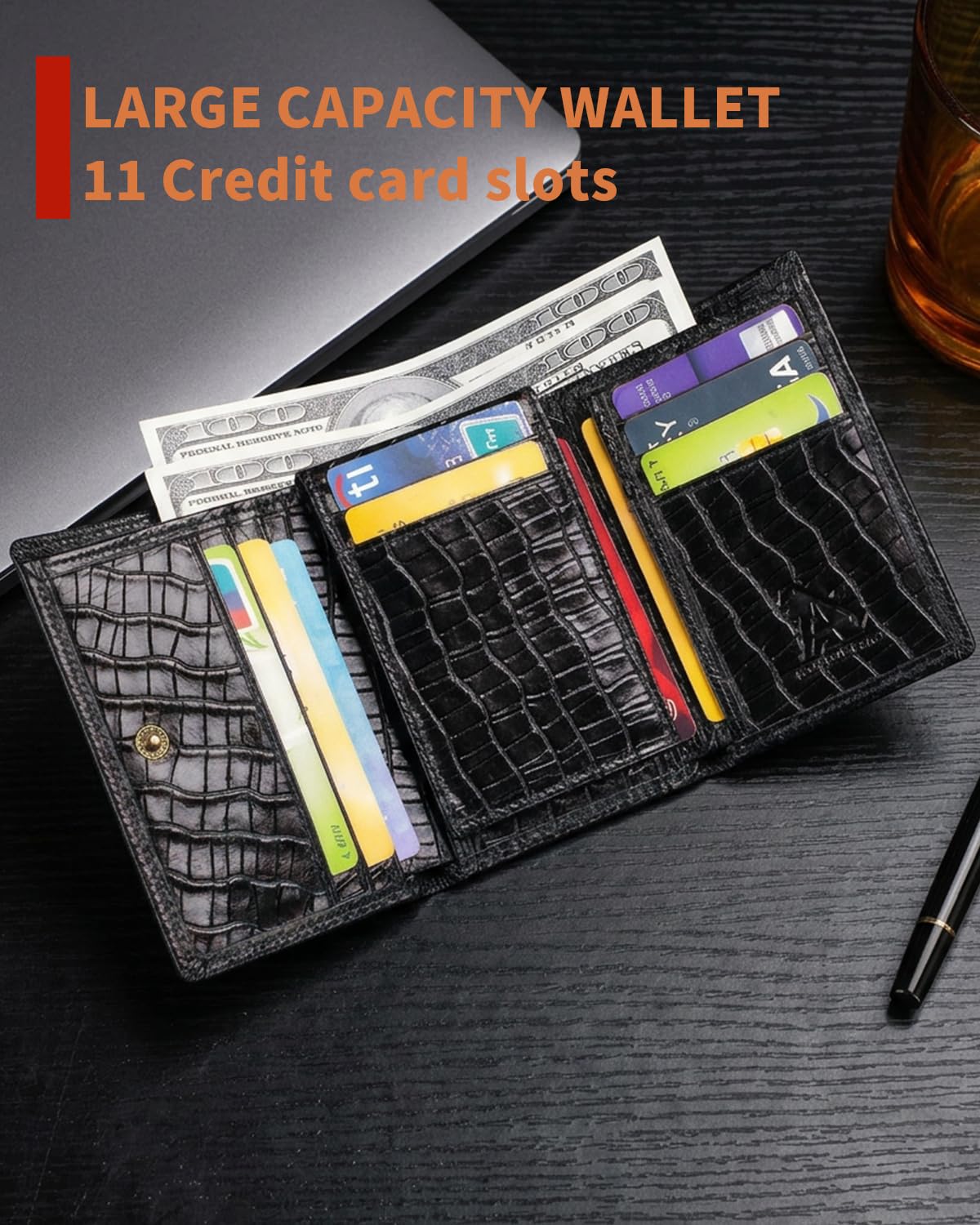 Steel Lion Mens Trifold Wallet Leather RFID Blocking, Crocodile Embossed Slim Wallet with 2 ID Window, 11 Card Slots, Detachable Anti-Theft Chain, Compact Wallet for Business Travel Daily Use (Black)