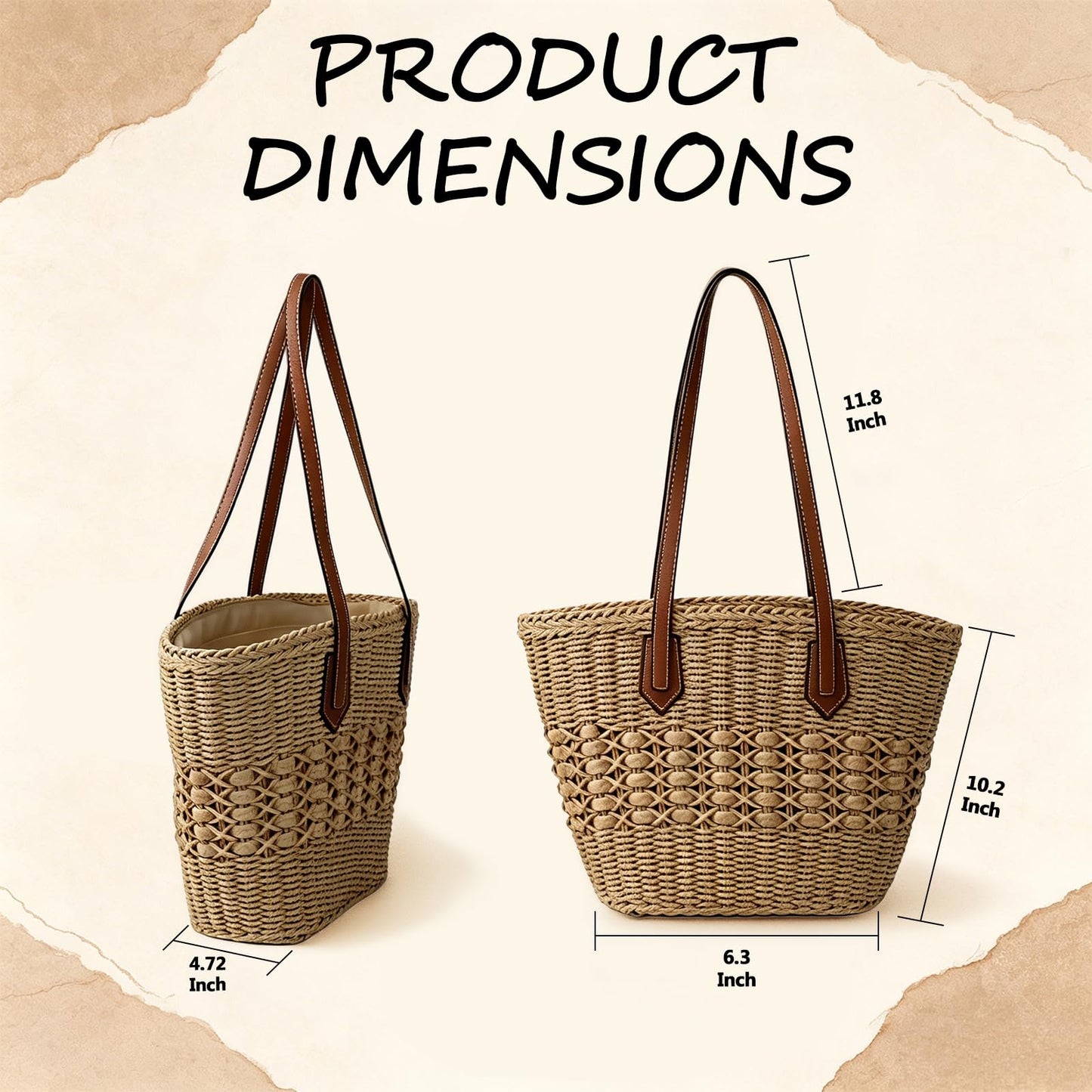 OKoriensuntek Straw Tote Bag Woven Beach Bag for Women, Large Capacity Summer Shoulder Bag with Leather Handles, Boho Handwoven Tote for Travel, Beach, Everyday Use，Brown