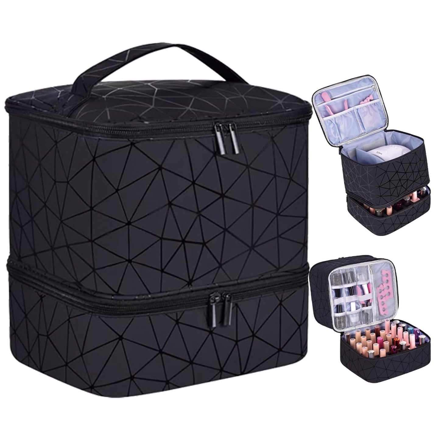 RZMAYIS PU Leather Nail Polish Organizer, Double Layer Nail Polish Storage Holds 30 Bottles (15ml/0.5fl.oz) & Nail Lamp, Portable Nail Bag Organizer Case for Nail Tech Travel & Manicure Kit