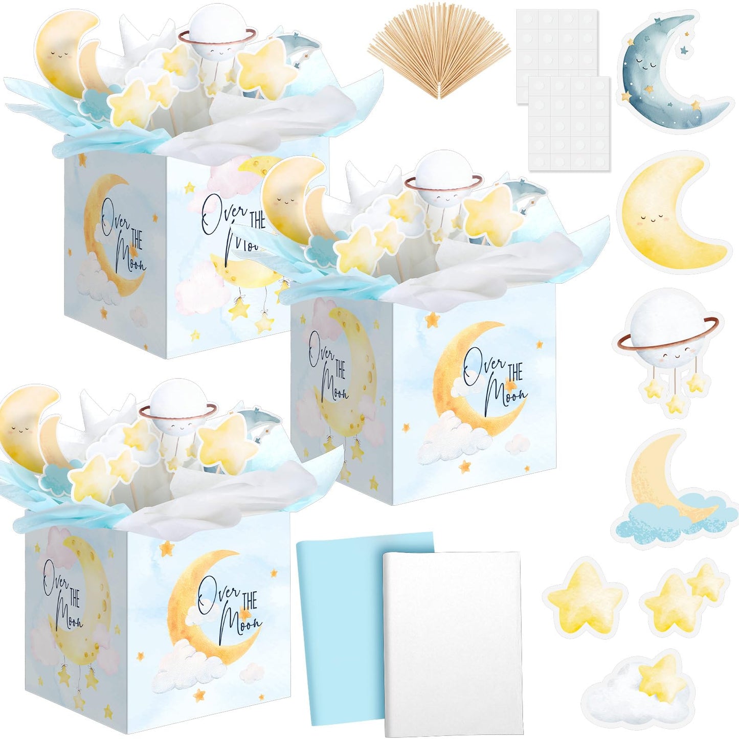 Spiareal 9 Set Moon Themed Party Decorations Moon Themed Table Centerpieces with Boxes Star Cloud Cutouts Toppers Wooden Sticks and Tissue Paper Baby Shower Gender Reveal Party Table Decor