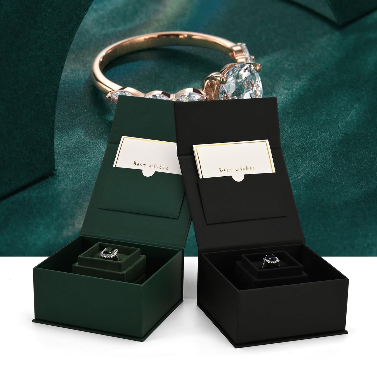 Woodten High-end Faux Leather Jewelry Gift Box with Small Ring Box Greeting Card Small Proposal Engagement Ring Box(Green)