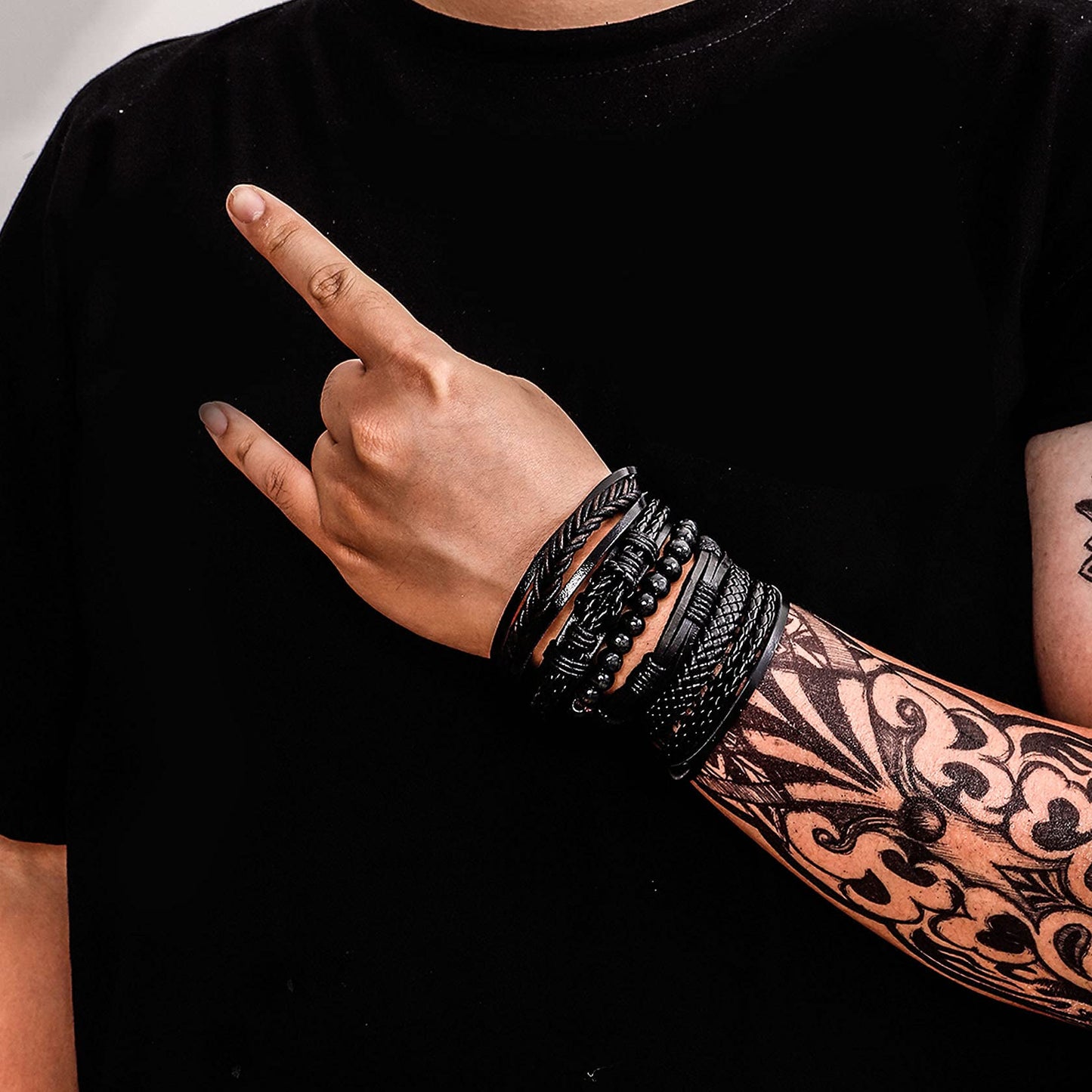 MILAKOO 6 Pcs Black Braided Leather Bracelets for Men Women Cuff Wrap Wristbands