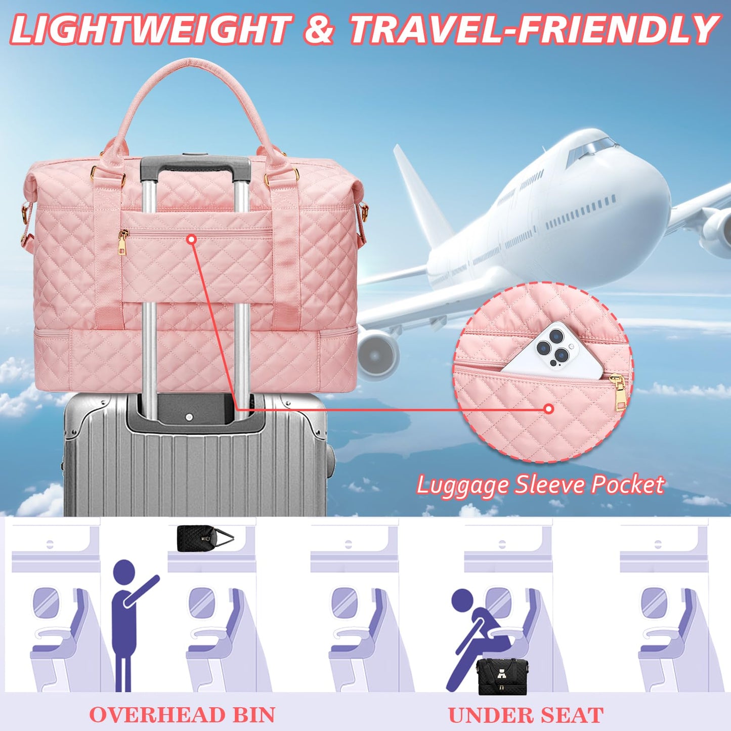 Gifts for Women Teen Girls Birthday Initial Travel Duffle Bag Quilted Weekender Bags Carry-On Overnight with Cosmetic Bag, Gym Bag with Shoe Compartment, Pink-R
