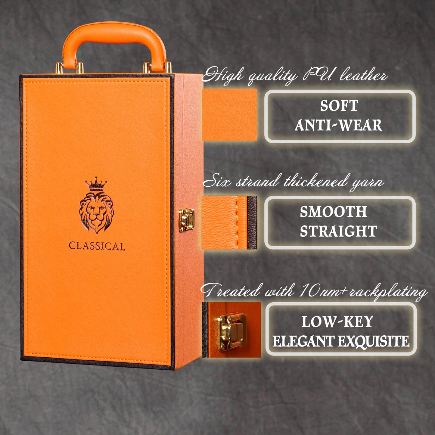 HiCrast Wine Box with 2 Bottle Leatherette Top Handle Premium Wine Carrier Case Orange