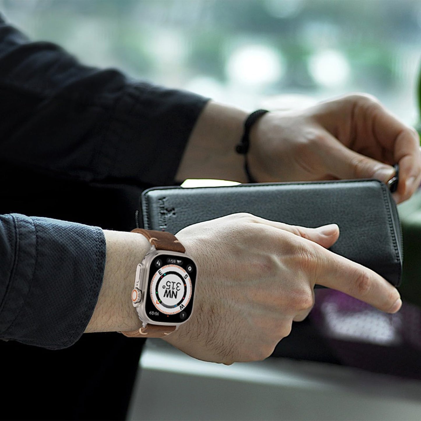 Handmade Double Sided Leather Bands Compatible with Apple Watch Ultra 2/Ultra Band 49mm 46mm 45mm 44mm 42mm ，Men Retro Design Grain Genuine Leather Band For iWatch Series SE 10 9 8 7 6 5 4 3 2 1