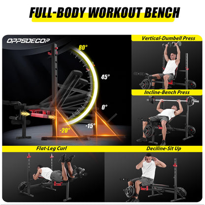 OPPSDECOR 900LBS Weight Bench Set with Squat Rack Foldable Bench Press Set with Leg Extension & Leg Curl Professional Flat/Incline/Decline Workout Bench for Home Gym Full Body Exercise