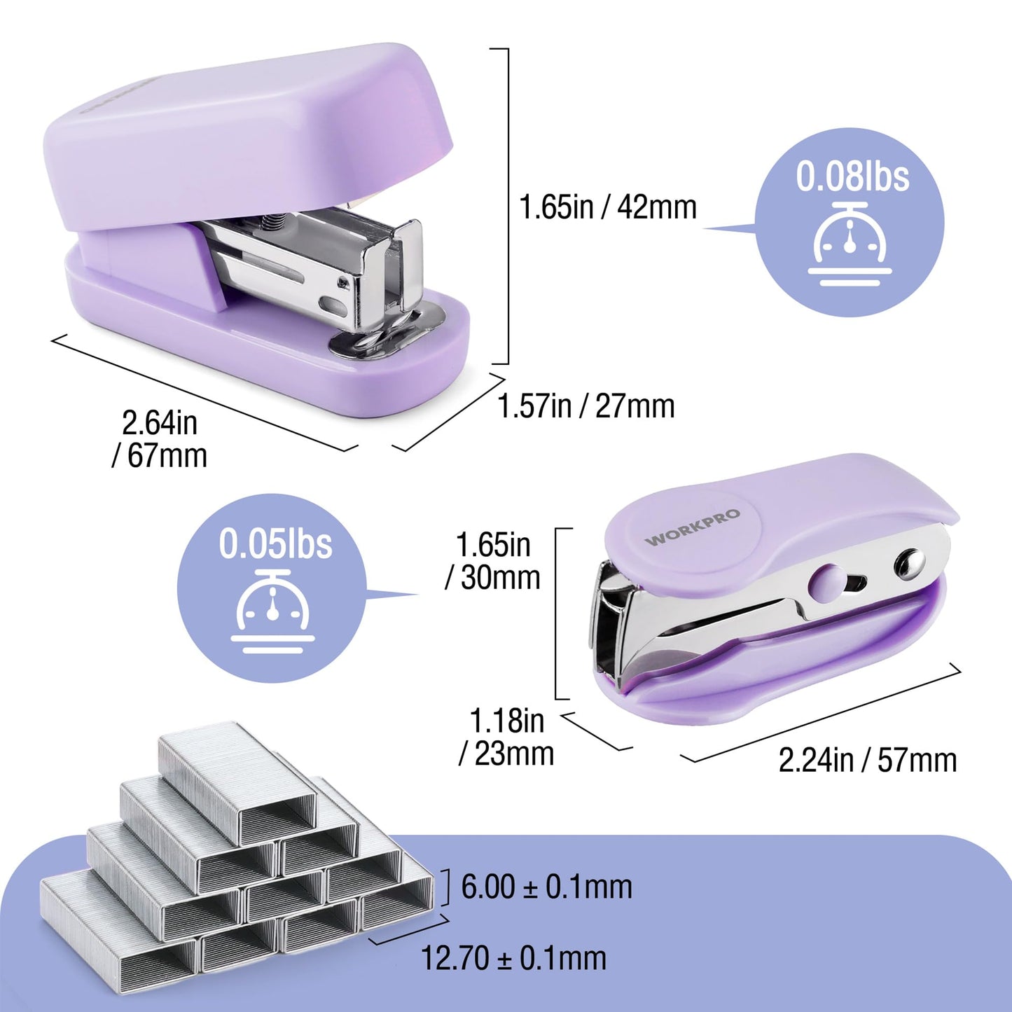 WORKPRO Small Stapler with Staples, Purple Stapler Set Includes Two Mini Staplers, One Staple Remover, 2000 Standard Staples - Cute Staplers for Desk with Non-Slip Base, Lock Design, Colorful