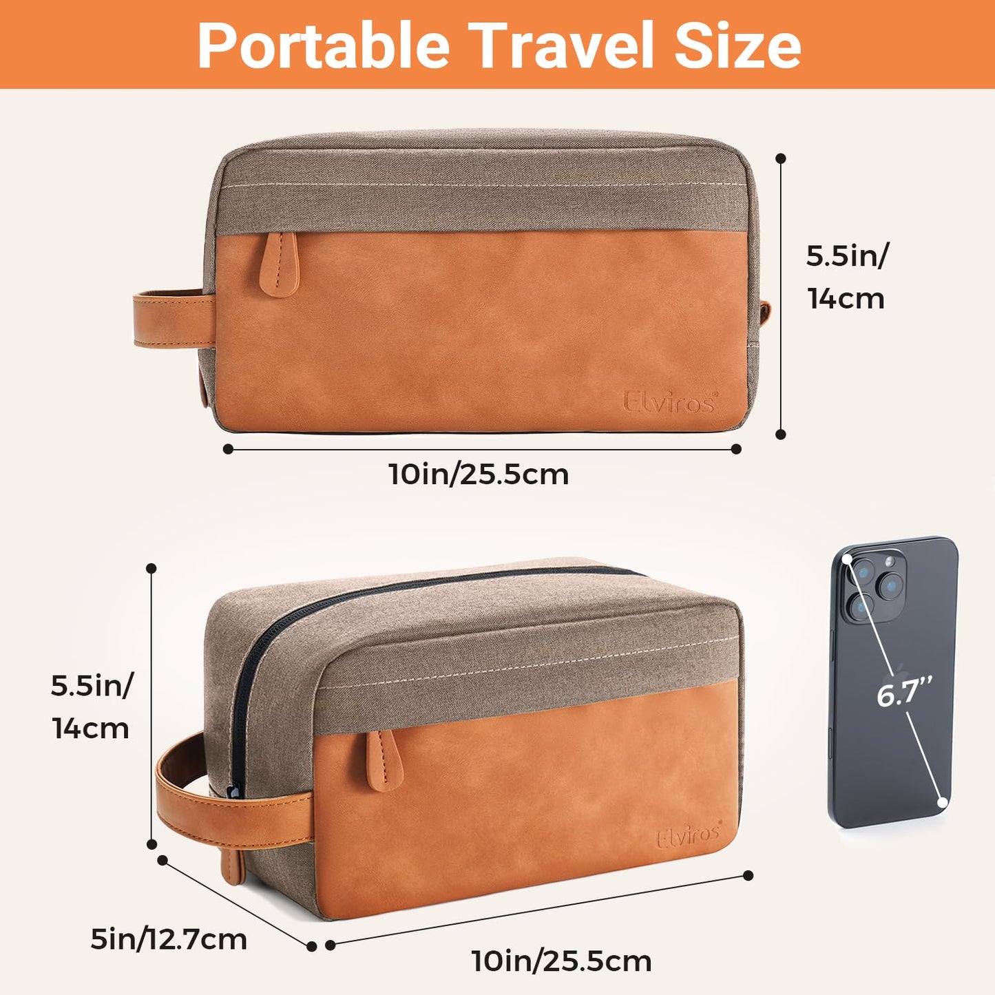 Elviros Travel Toiletry Bag for Men, Hanging Toiletries Bag Water Repellent Dopp Kit PU Leather Travel Bag for Toiletries Accessories, Khaki