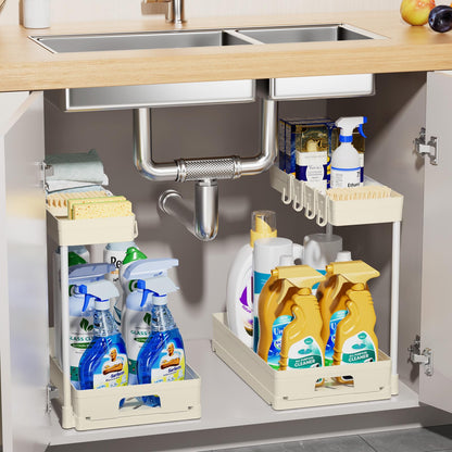 Delamu 2 Pack Under Sink Organizers and Storage, 2 Tier Pull Out Bathroom Cabinet Organizer, L-Shape Black Under Bathroom Kitchen Sink Organizer with Drawer for Under Sink Storage Organizer