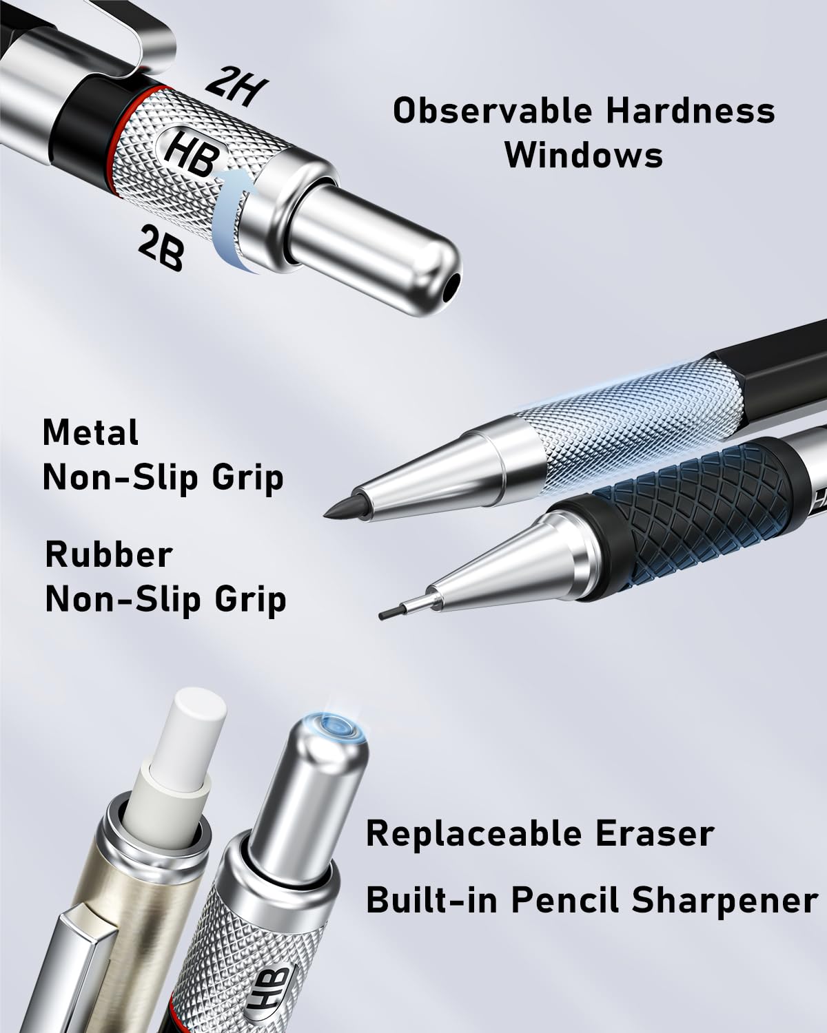 Four Candies 25PCS Mechanical Pencil Set with Case, Art Supplies with Metal Pencil 0.5, 0.7, 0.9 mm & 3PCS 2mm (HB 2H 2B 4B Color) & 432 Graphite Lead Refills, Technical Drawing Kit for Teen & Adults