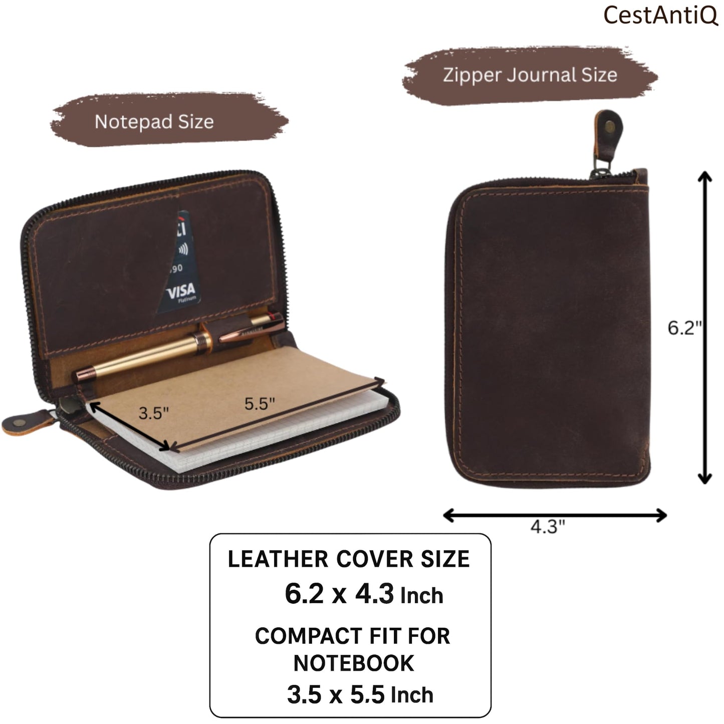 CestAntiQ Zippered Leather Journal Cover Compatible with Moleskine Cahier TWONE Original Kraft Elan Pitch Black Pocket Size 3.5 x 5.5 for Field Notes Notebook Memo Books with Pen Holder Handmade Brown