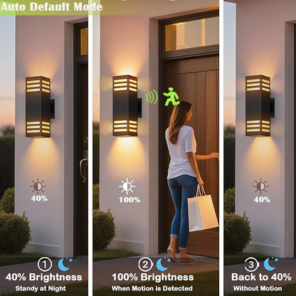 Motion Sensor Outdoor Wall Lights, Dusk to Dawn Exterior Light Fixture with 3 Modes, Waterproof Modern Dimmable Porch Light with Up Down Lighting for Patio, Garage, Front Door, Matte Black, 2Pack