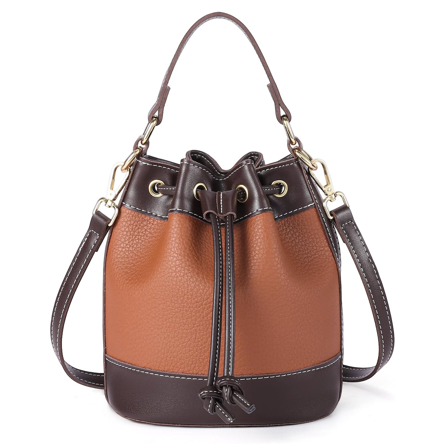FALAN MULE Small Bucket Bag for Women Vegan Leather Drawstring Crossbody Purse Top Handle Hobo Handbags (Brown)