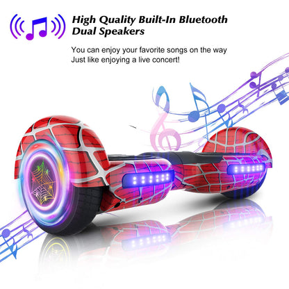 EMAXUSA, Spider-Pattern Hover Board for Kids Ages 6-12, with Bluetooth Speaker and LED Lights 6.5" Hover Board, UL2272 Safety Certified (Red)