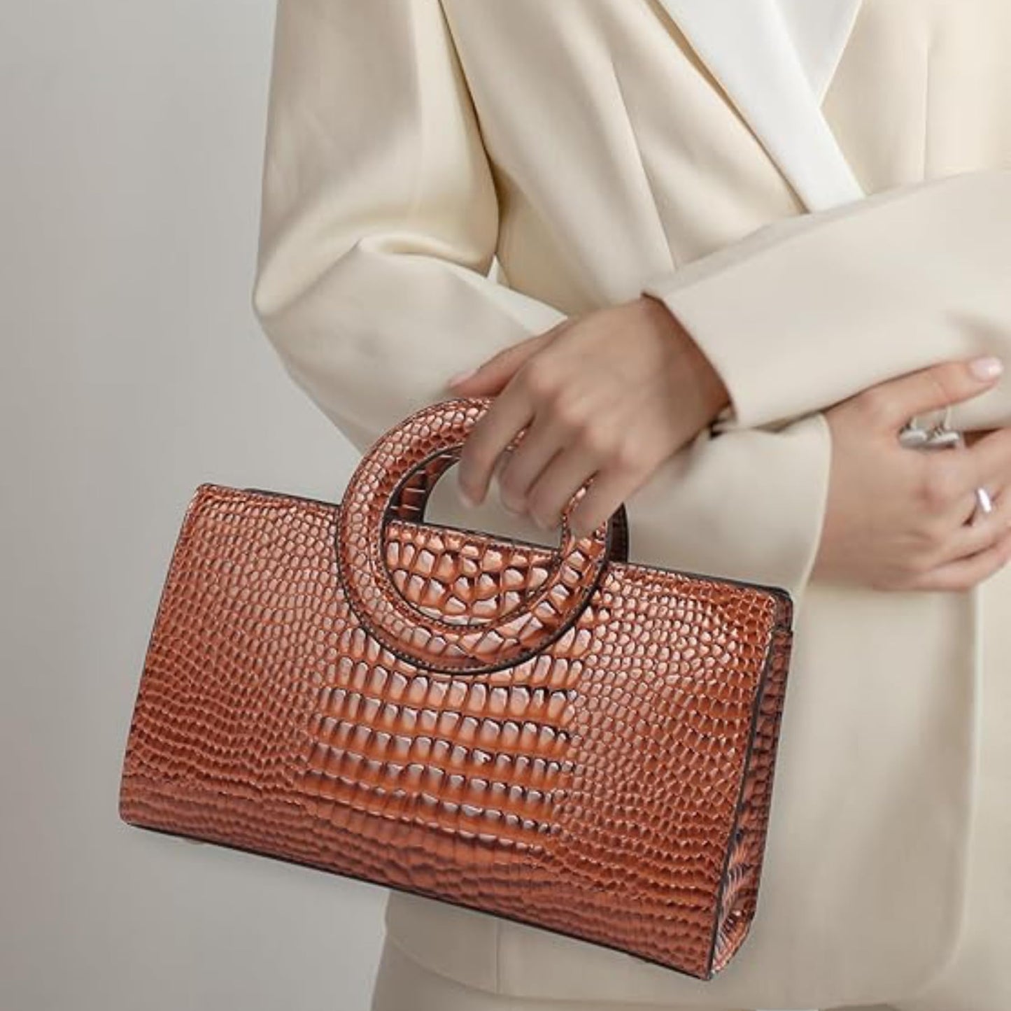 RJDBDD Women's Fashion Crocodile Print Square Bag Purse Satchel Versatile Patent Faux Leather Evening Handbag Crossbody Bag, Brown