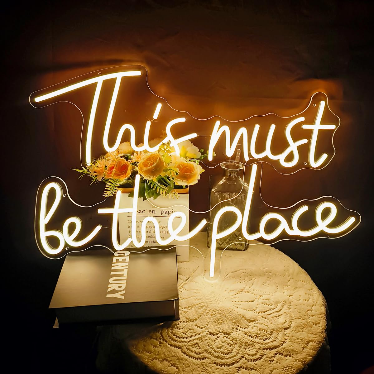 Voncitedn This Must Be The Place Neon Signs, 49.6x8.67 Inch (Large) Dimmable Neon Light Signs with ON/OFF Switch, Neon Sign for Bedroom Coffee Beauty Bar Nail Salon Wedding Birthday Party Decor, Warm White