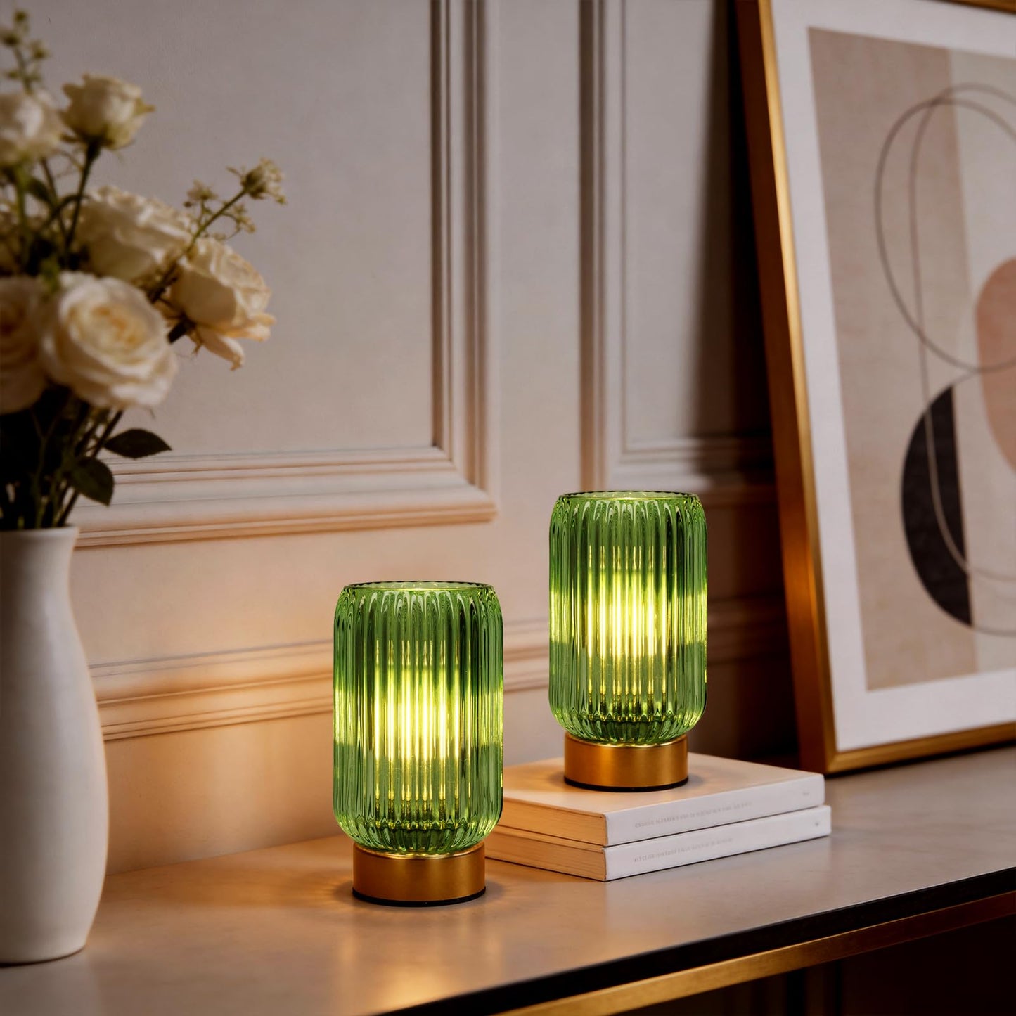 MJ PREMIER Cordless Lamp, Battery Operated Lamp with Timer, Green Glass Lampshade, Small Table Lamps for Area No Plug, Decorative Led Light for Bedroom Living Room Shelf (Green)
