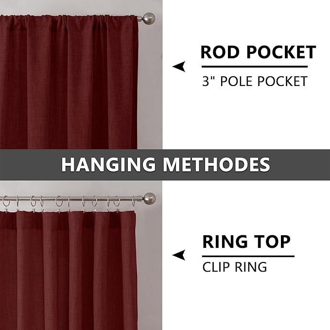 Tollpiz Linen Tier Curtain Rod Pocket Semi Sheer Half Kitchen Curtains Burlap Light Filtering Thick Linen Drape for Bathroom, 30 x 36 inches Long, Burgundy Red, Set of 2 Panels