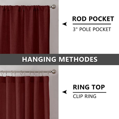 Tollpiz Linen Tier Curtain Rod Pocket Semi Sheer Half Kitchen Curtains Burlap Light Filtering Thick Linen Drape for Bathroom, 30 x 36 inches Long, Burgundy Red, Set of 2 Panels
