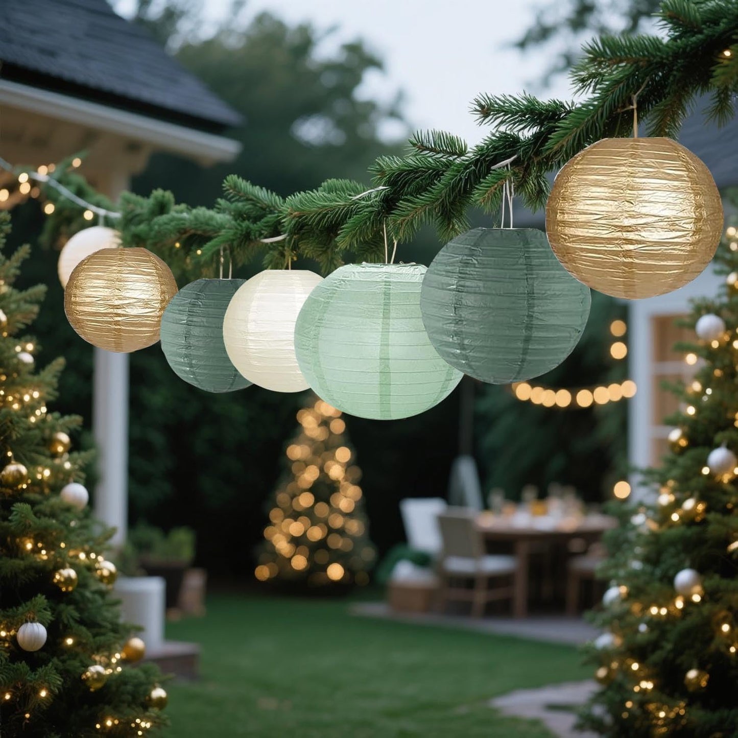 KUNYYI Green White Gold Paper Lanterns, 12Pcs Chiese Lanterns for Birthday Baby Shower Gender Reveal Wedding Party Decoration