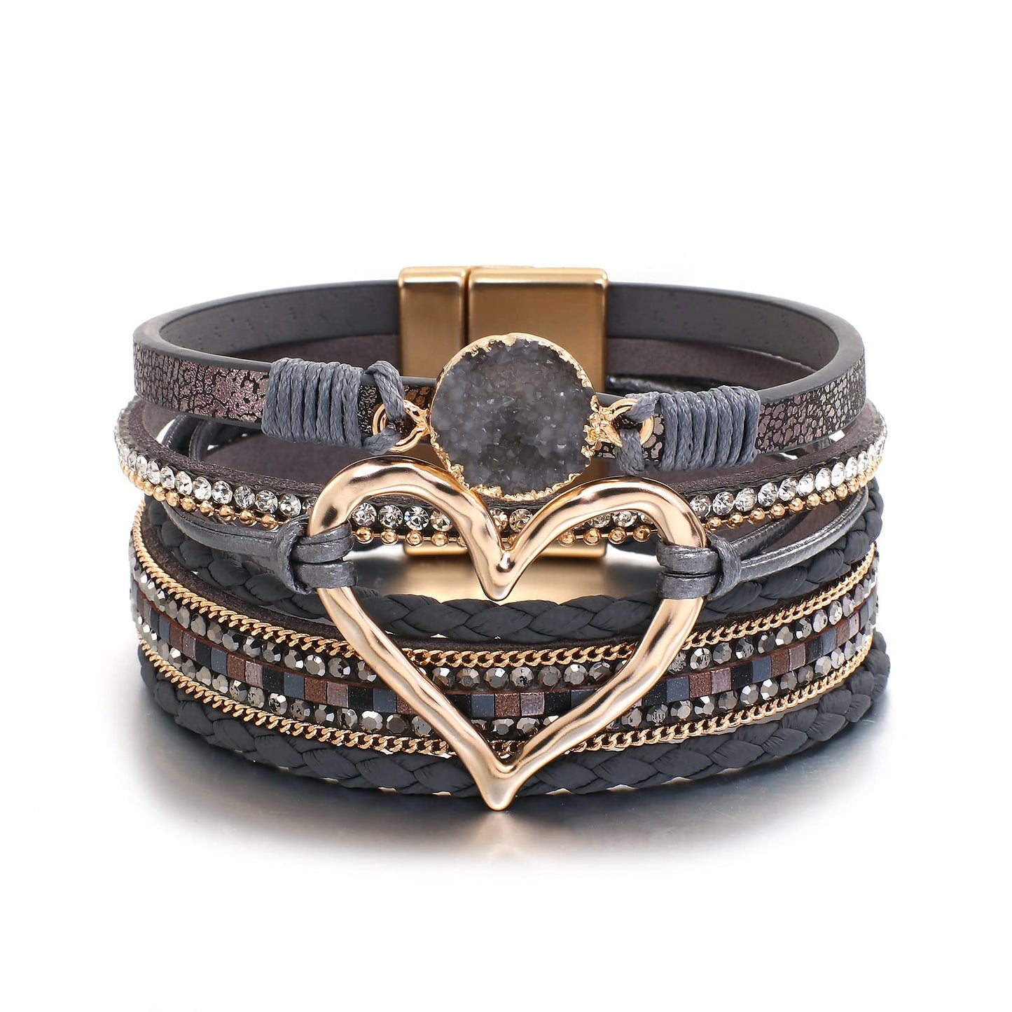 hotoo Leather Wrap Bracelet for Women Gray Beaded Cuff Bracelet with Heart-shape Decor Bohemian Crystal Bracelet Jewelry with Clasp Bangle Bracelet for Women Birthday Holiday Gift