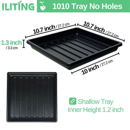 ILITING Plant Growing Trays for Seedlings Microgreen Seed Starter Shallow Plants Tray Drip Tray Standard 1010 Tray No Holes 10 Pack Black 10.7 x 10.7 inches Square Trays