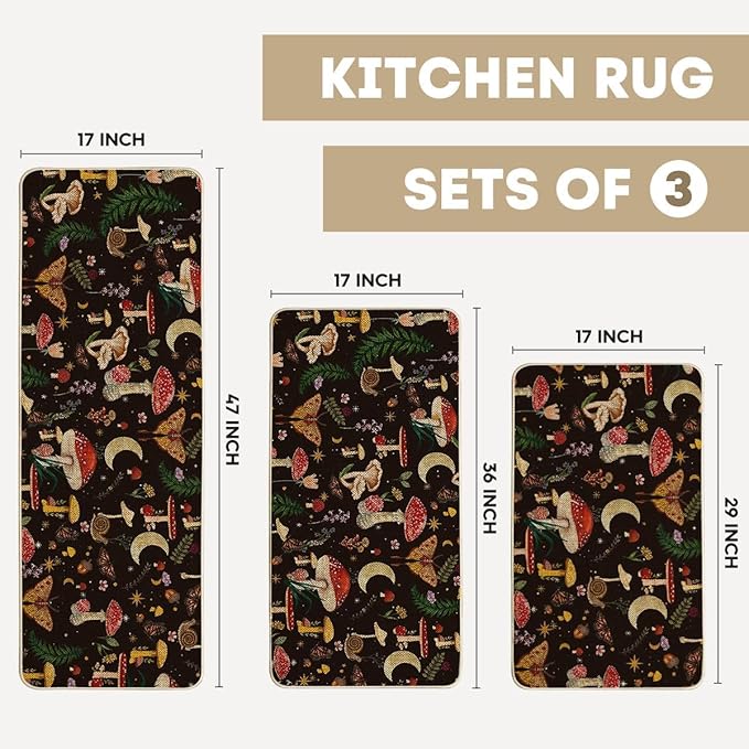 Artoid Mode Black Mushrooms Butterfly Spring Kitchen Mats Set of 3, Home Decor Low-Profile Kitchen Rugs for Floor - 17"x29"+17"x36"+17"x47"