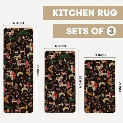 Artoid Mode Black Mushrooms Butterfly Spring Kitchen Mats Set of 3, Home Decor Low-Profile Kitchen Rugs for Floor - 17"x29"+17"x36"+17"x47"