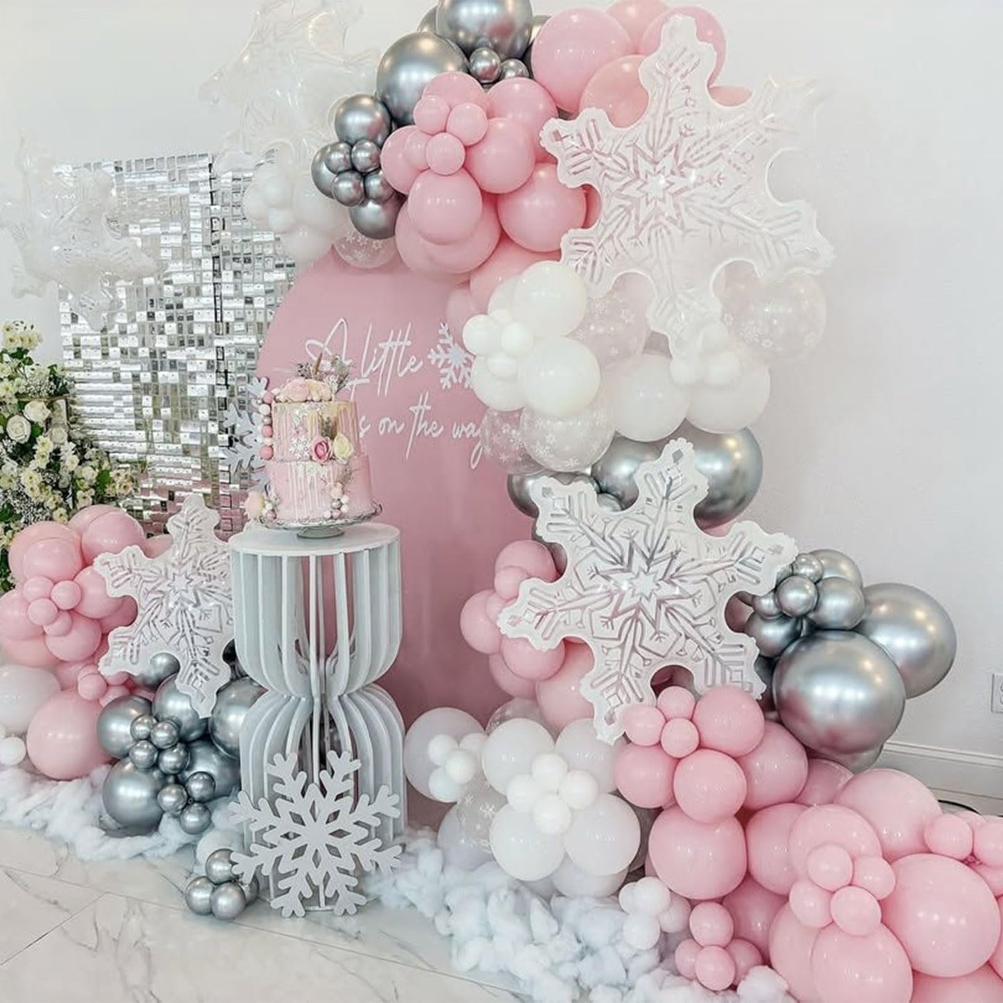 Pink White Silver Balloons Arch Kit, 154pcs Pink Winter Wonderland Balloons Garland Kit for Girls Princess Snowflake Theme Wedding Baby Shower Birthday Christmas Party Decorations
