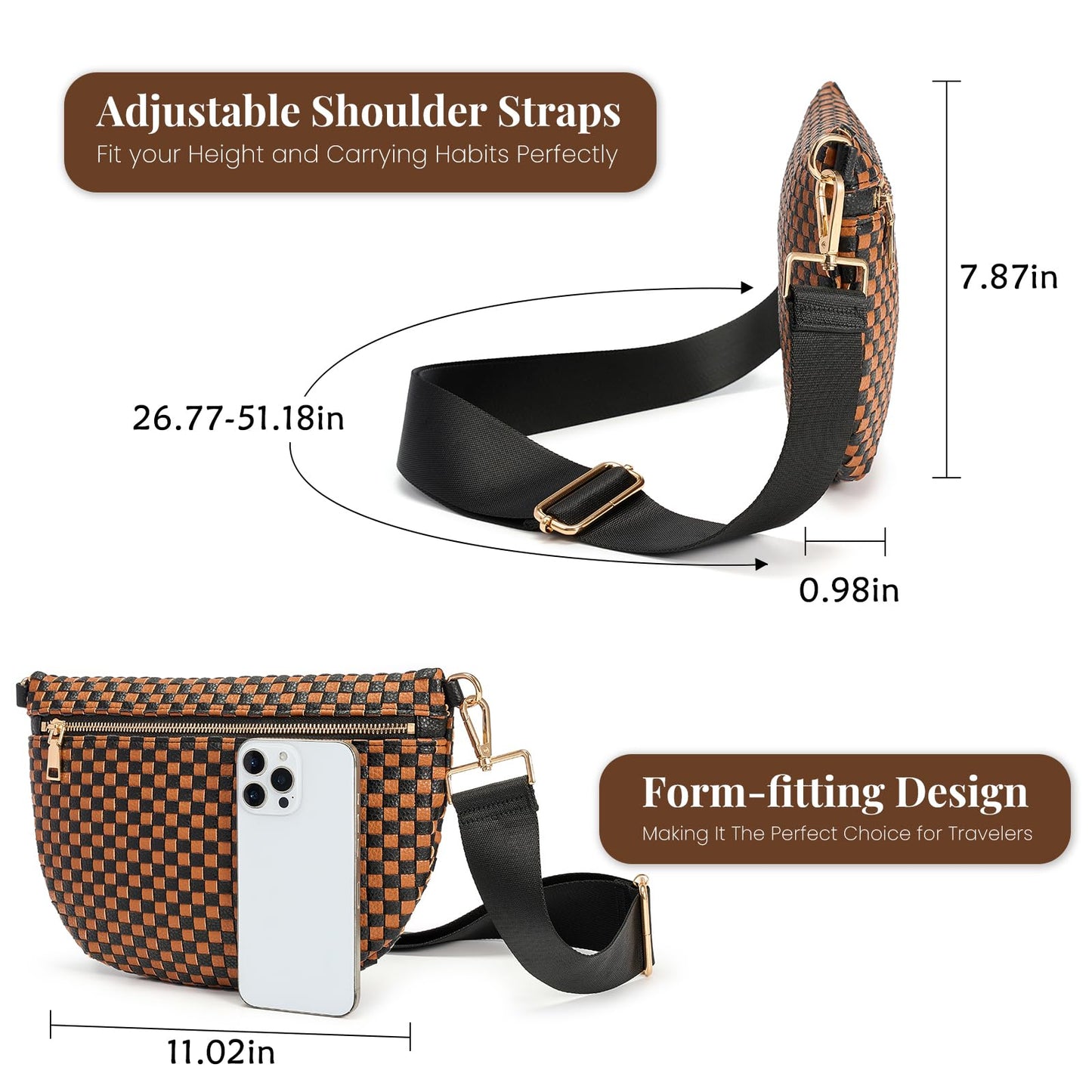 Woven Crossbody Bags For Women, Checkered Fashion PU Bum Bag Waist Pack, Travel Sling Purse with Adjustable Strap（Black and Brown)