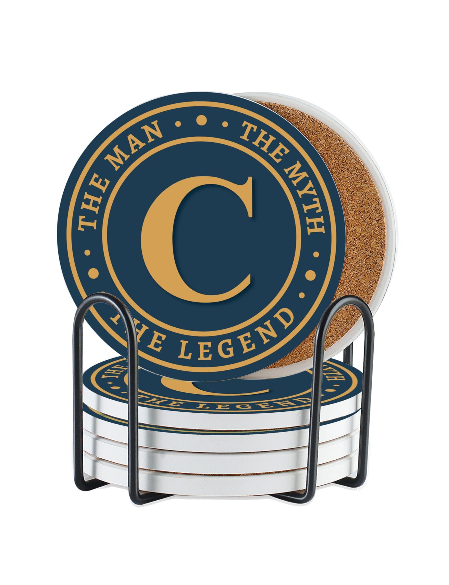 Onebttl Monogram Initial Gifts for Men - The Man The Myth The Legend Ceramic Coaster Set of 6 - with Holder and Absorbent Cork Base - C