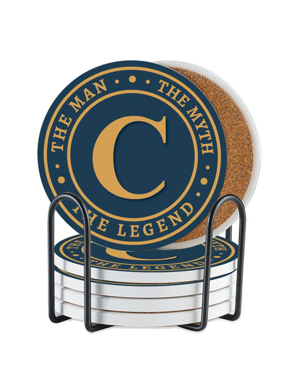 Onebttl Monogram Initial Gifts for Men - The Man The Myth The Legend Ceramic Coaster Set of 6 - with Holder and Absorbent Cork Base - C