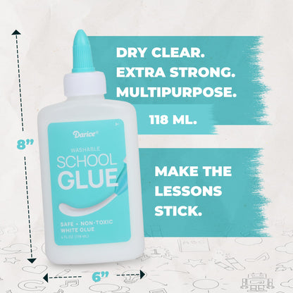 Darice Washable School Glue 4oz - 24-Pack White Liquid Glues for Kids - Extra-Strong for Slime, Arts and Crafts, Back to School Supplies - Glue Bottle with Adjustable Twist Closure
