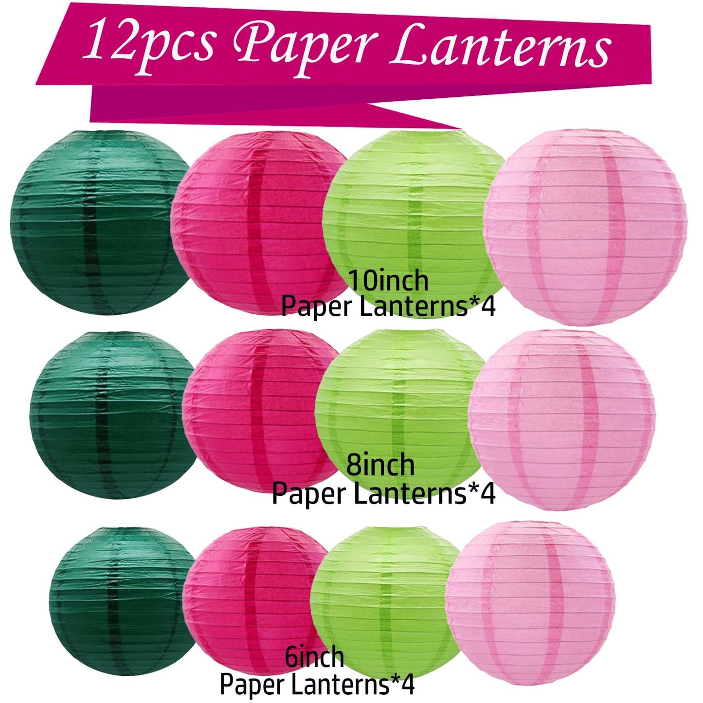 Green and Pink Paper Lanterns 12Pcs Hanging Lantern for Birthday Party, Wedding, Home Decor, Baby Shower Festive Decoration