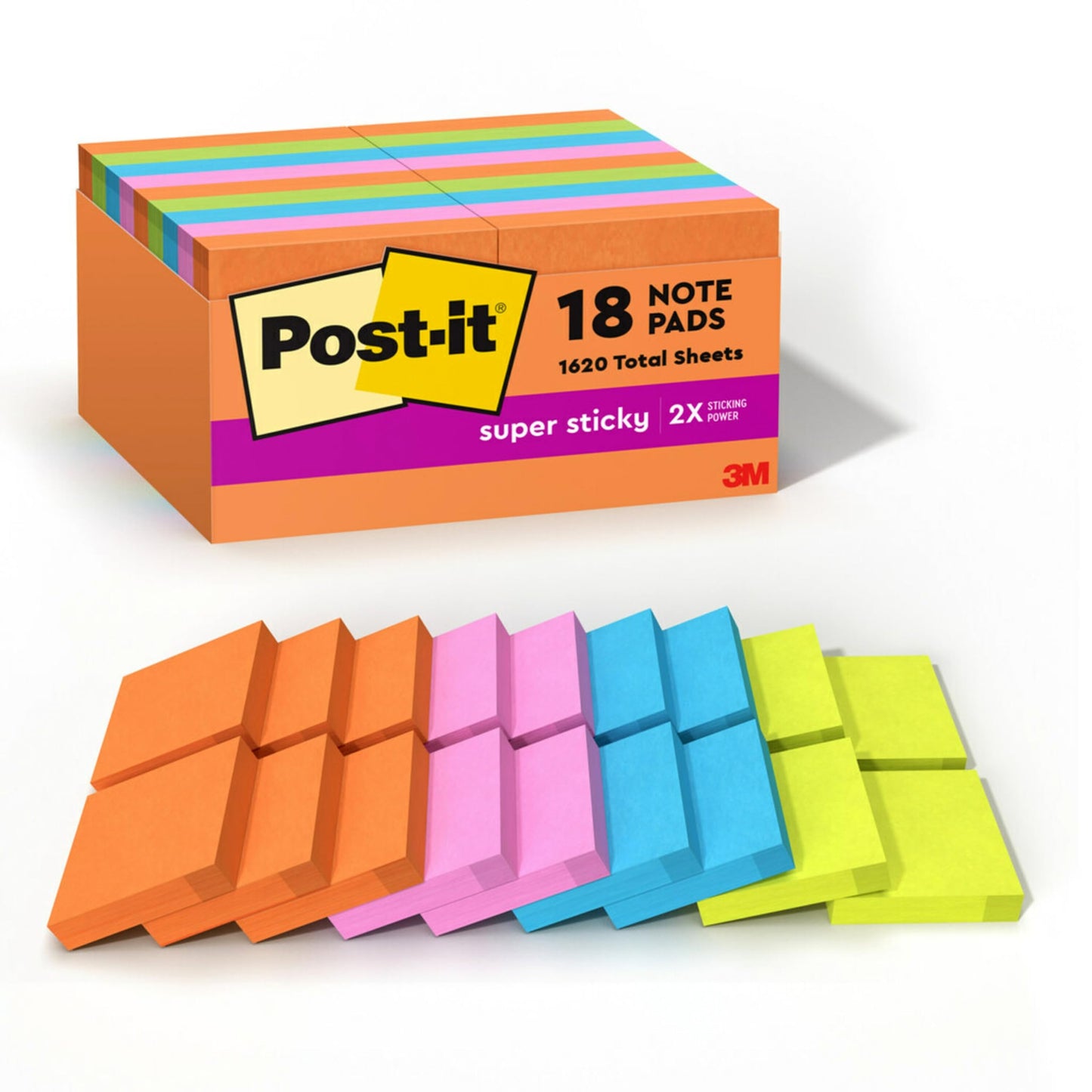 Post-it Super Sticky Notes, 18 Sticky Note Pads, 1 7/8 x 1 7/8 in., School Supplies, Office Products, Sticky Notes for Vertical Surfaces, Monitors, Walls and Windows, Energy Boost Collection