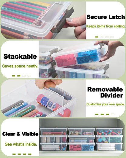 GEOPHIA 6 Pack Extra Large Pencil Box with Removable Divider, Thickened Pencil Case Bulk, Clear Crayon Marker Organizer Stackable Plastic Small Storage Containers for Pen Craft School Supplies(Grey)