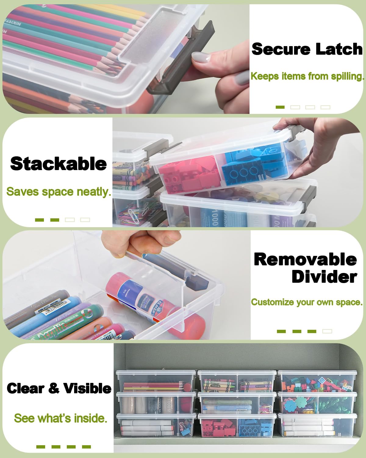 GEOPHIA 6 Pack Extra Large Pencil Box with Removable Divider, Thickened Pencil Case Bulk, Clear Crayon Marker Organizer Stackable Plastic Small Storage Containers for Pen Craft School Supplies (Multi)