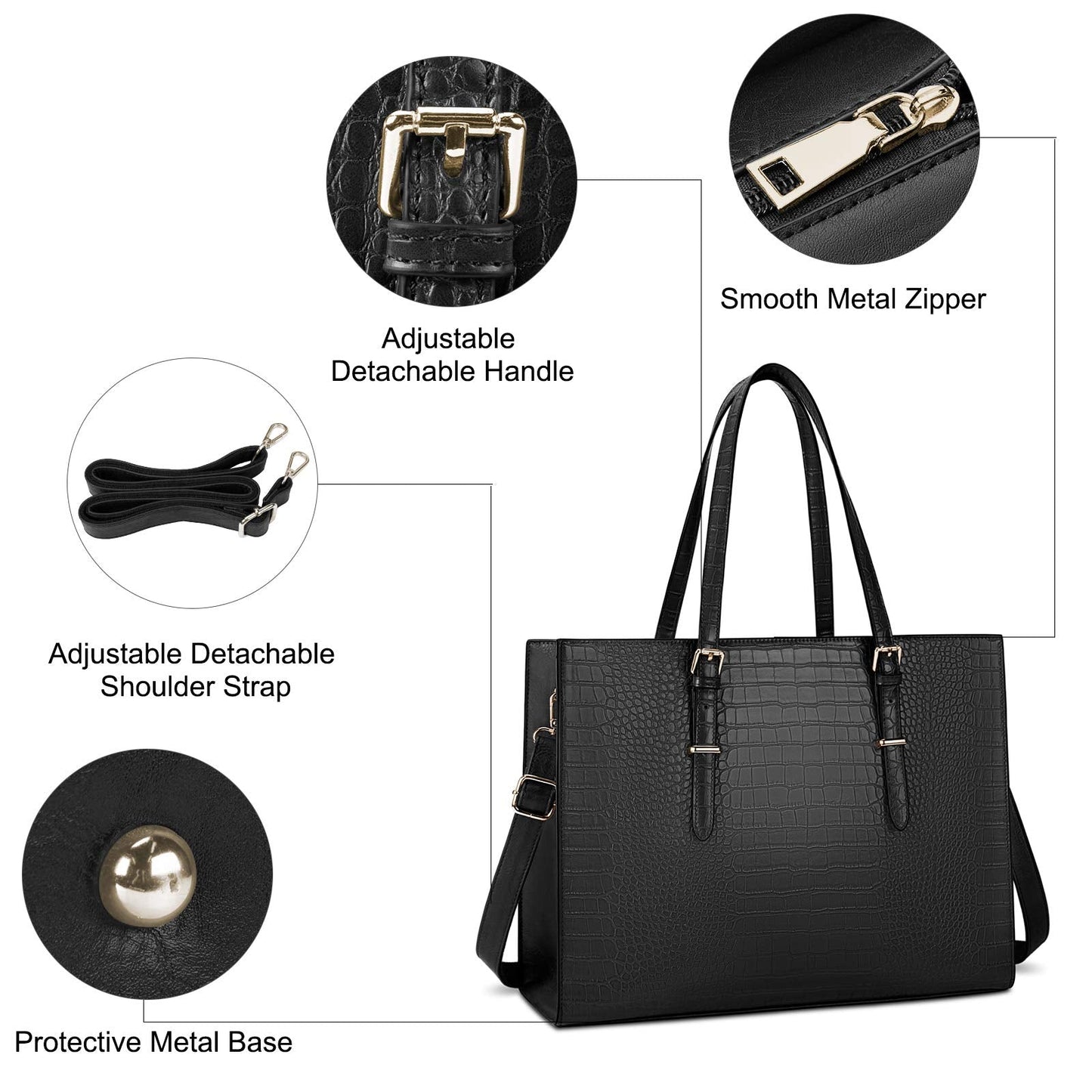 Laptop Bag for Women 15.6 Inch Crocodile Leather Tote Bag Water-resistant Work Briefcase Business Computer Shoulder Bag for Travel Teacher Nurse Professional Handbag,Black