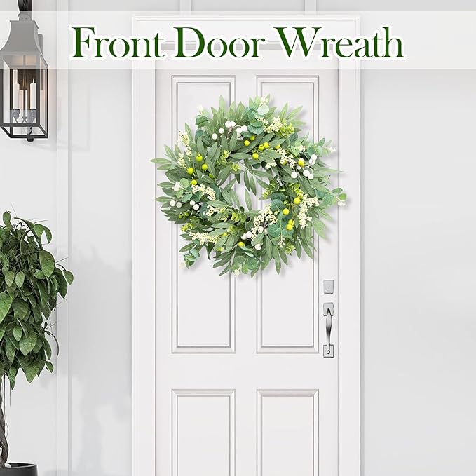 Door Wreath Green Eucalyptus for Front Door Wreaths Spring Summer Olive Wreath Artificial Leaves Mixed Berry Wreaths for All Season Home Farmhouse Porch Year Round Outdoor Wall Decorating,18-20 Inch