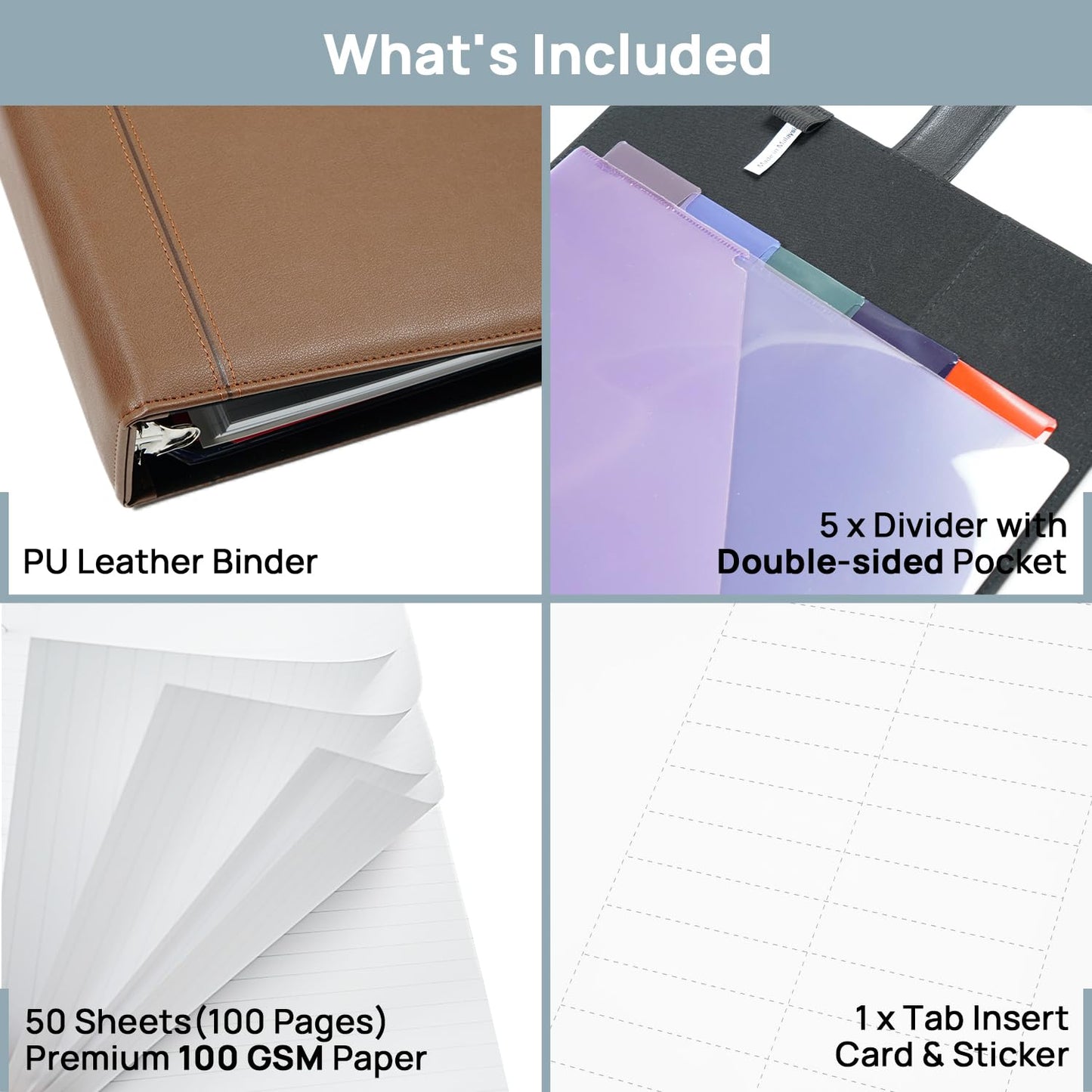 POPRUN PU Leather 2 Inch 3 Ring Binder, Professional Business Organizer- Includes PP Dividers, 100GSM / Grade AA Filler Papers, Card &Sticker for Tab- Ideal for Office Presentation Meetings, Brown
