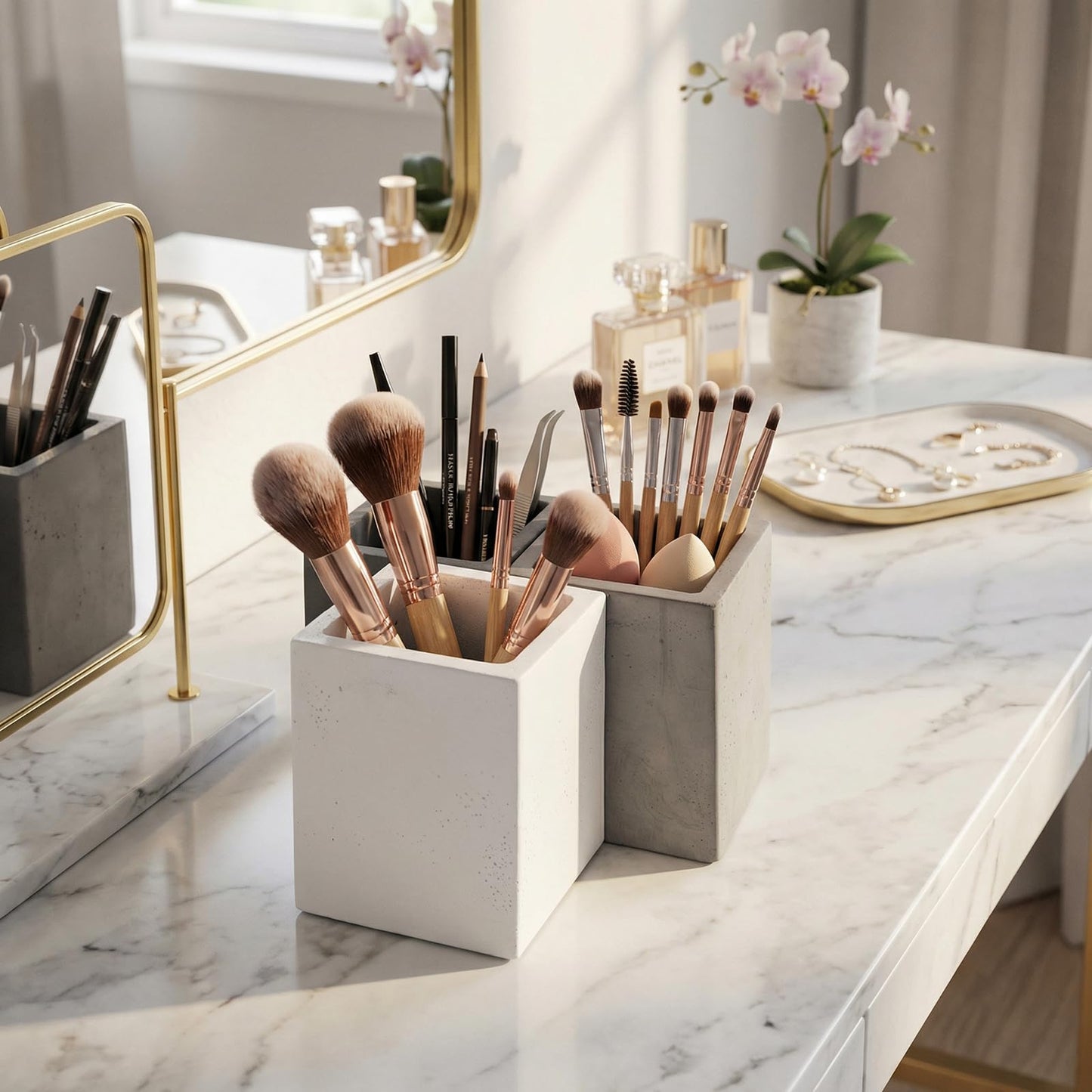MyGift Pen Holder Pencil Holder For Desk,Pen Cup Holder For Desk,Concrete Desktop Pencil Cup,Modern Gray-Tone,Set of 3