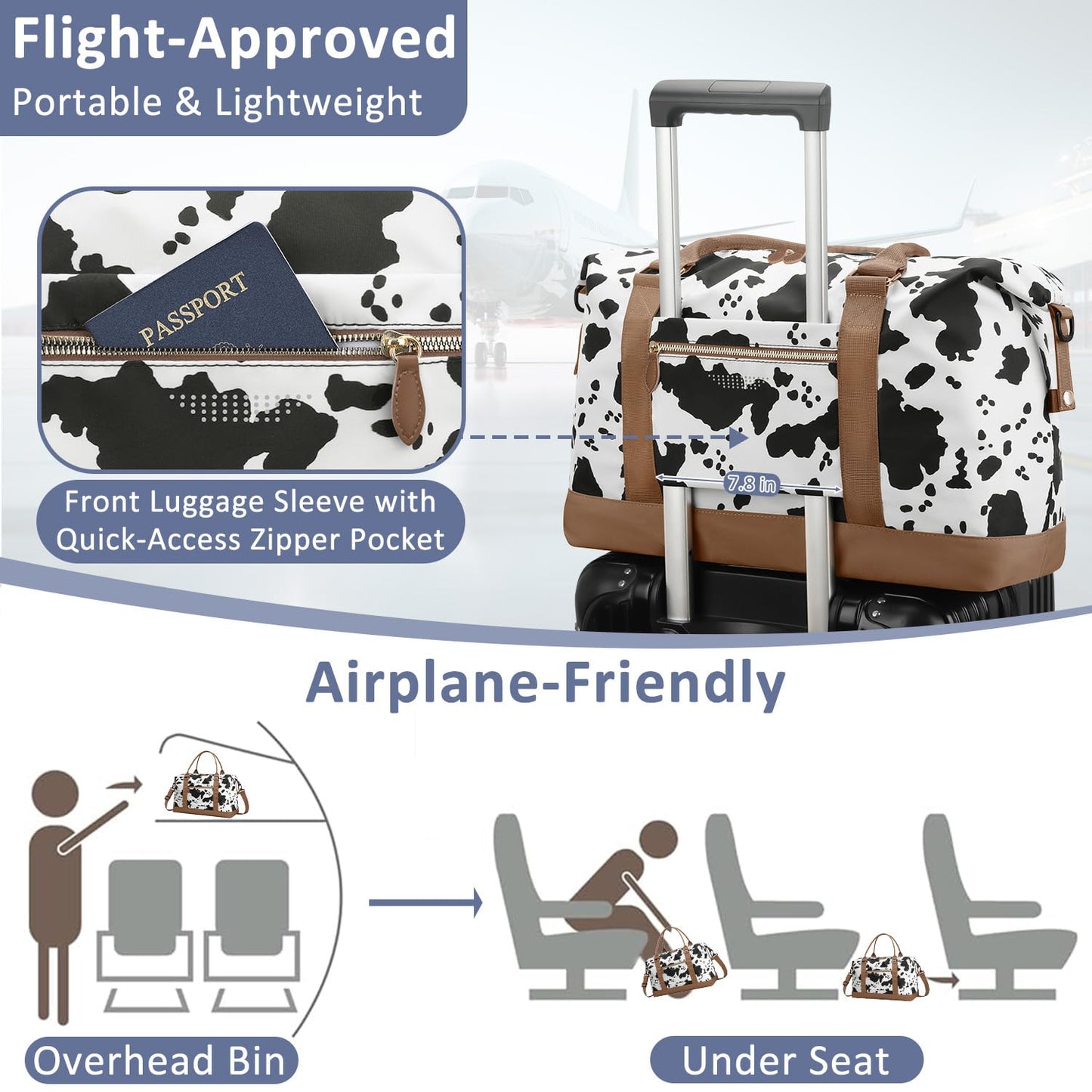ELONGRIVER Travel Duffle Bag for Women, Weekender Bags, Hospital Bag for Labor Delivery, Lightweight Tote Duffel Overnight Bag with Luggage Sleeve, Airplane Travel Bags with Toiletry Bag, Large, Cow