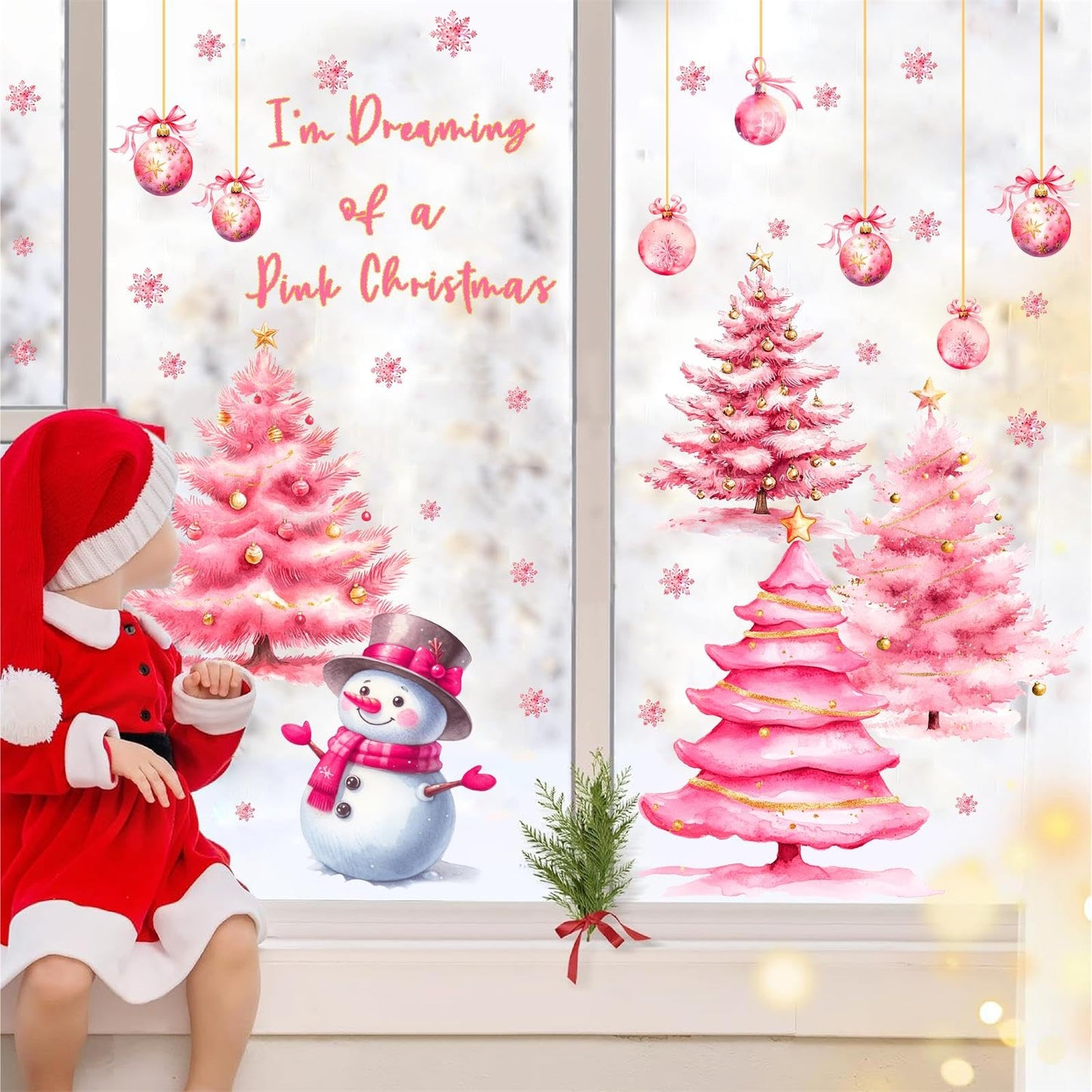 Pink Christmas Window Clings Double-Sided Christmas Tree Windows Decoration Stickers Indoor Xmas Pine Tree Window Decals for Glass Snowman Snowflakes Decals for Winter Holiday Party Supply